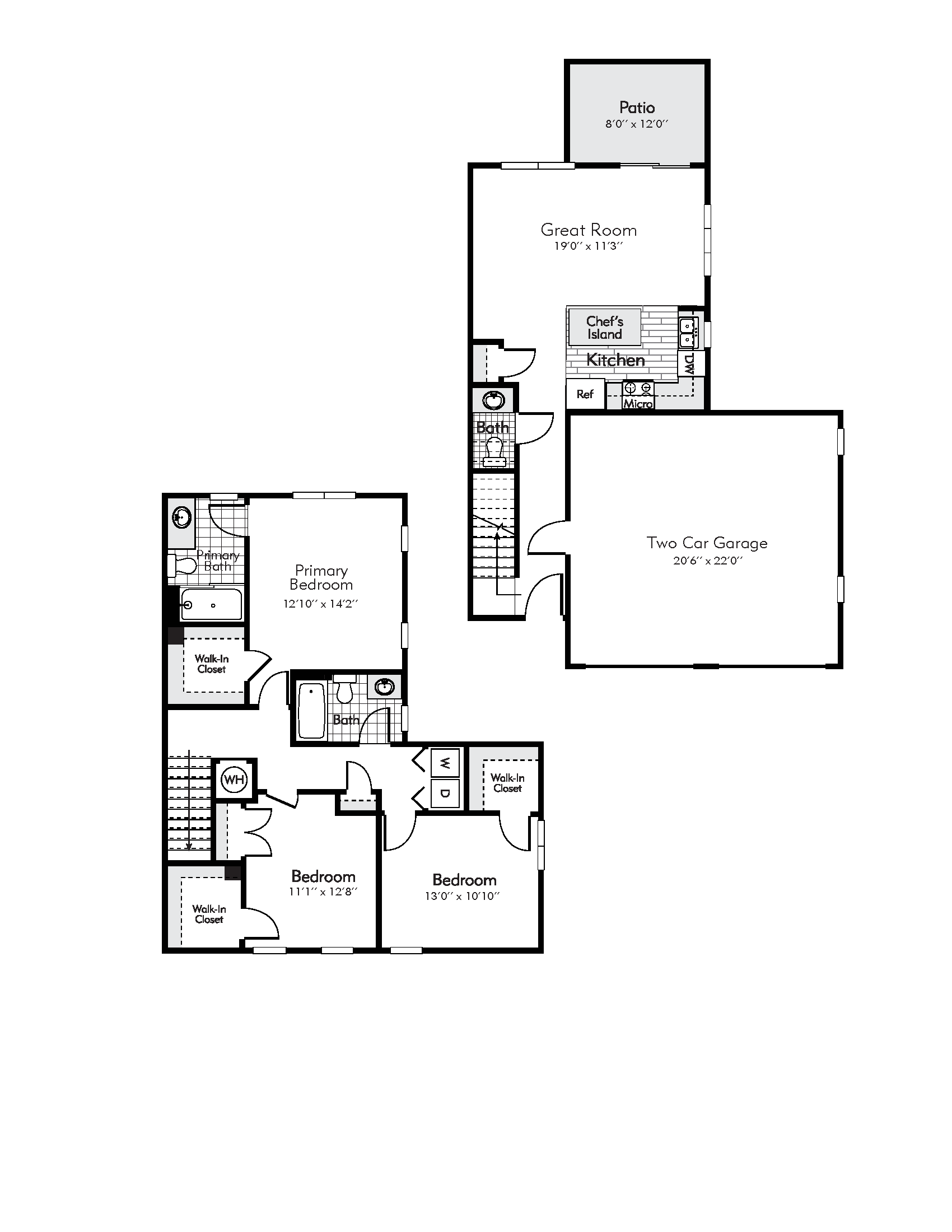Floor plan for 3 beds, 2.5 baths, 1491 sqft